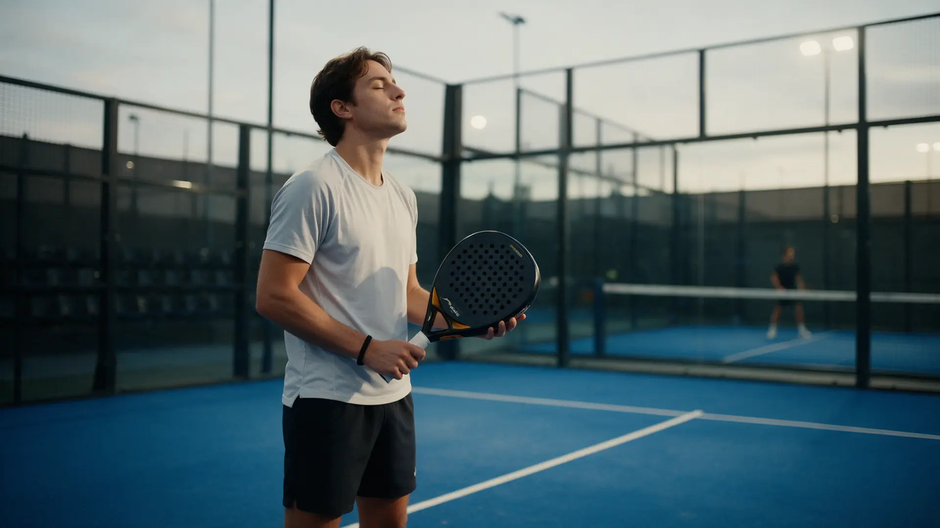 Padel player taking a moment to breathe before a match on an outdoor court