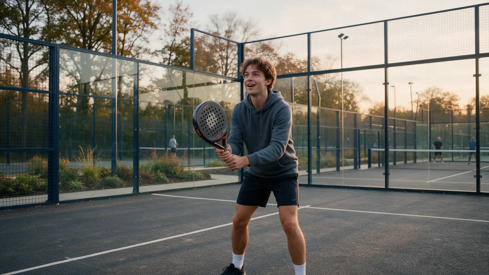 A padel player practising on an outdoor court at dusk