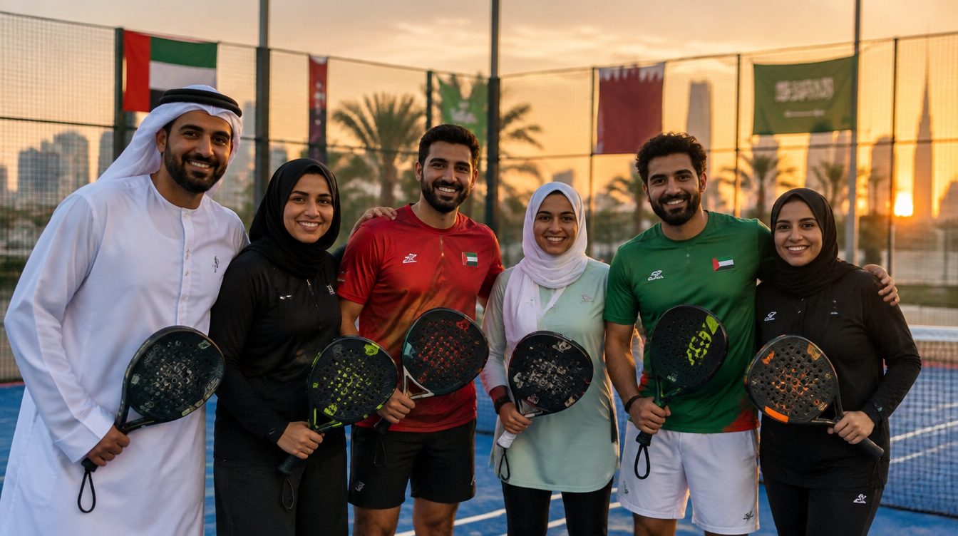 Padel players from across the Middle East with UAE and Saudi flags at sunset in Dubai