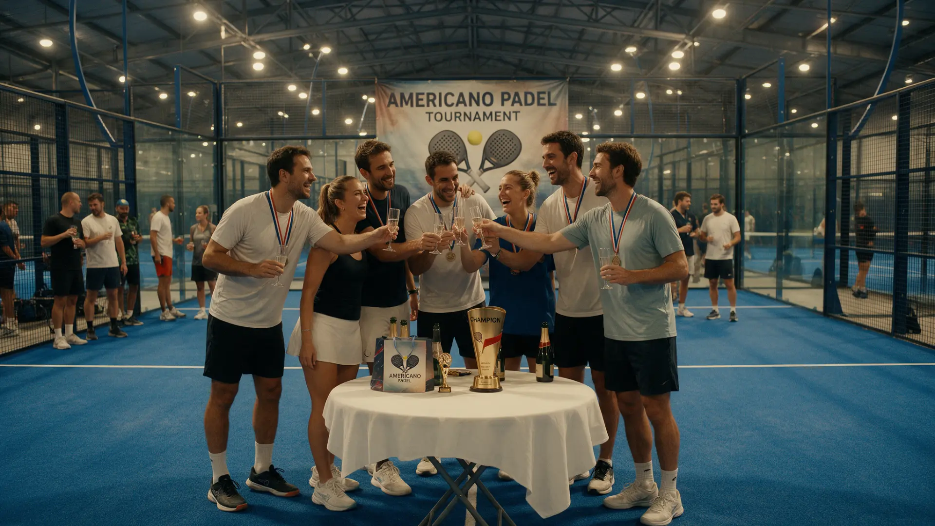 Padel players celebrating together after an Americano tournament